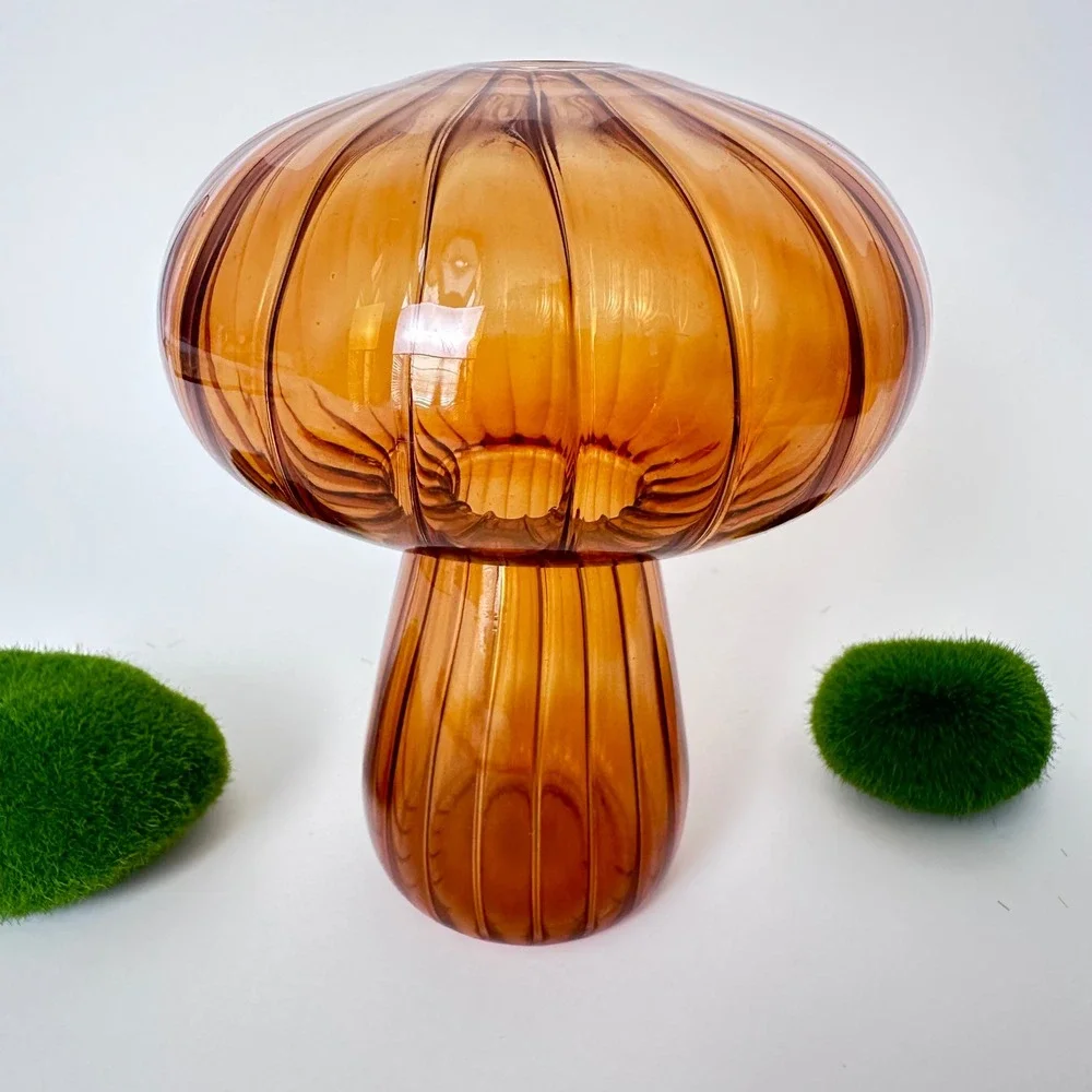 Vintage Amber Glass Mushroom Vase Ribbed Toadstool MCM Cottagecore Decor 5 inch